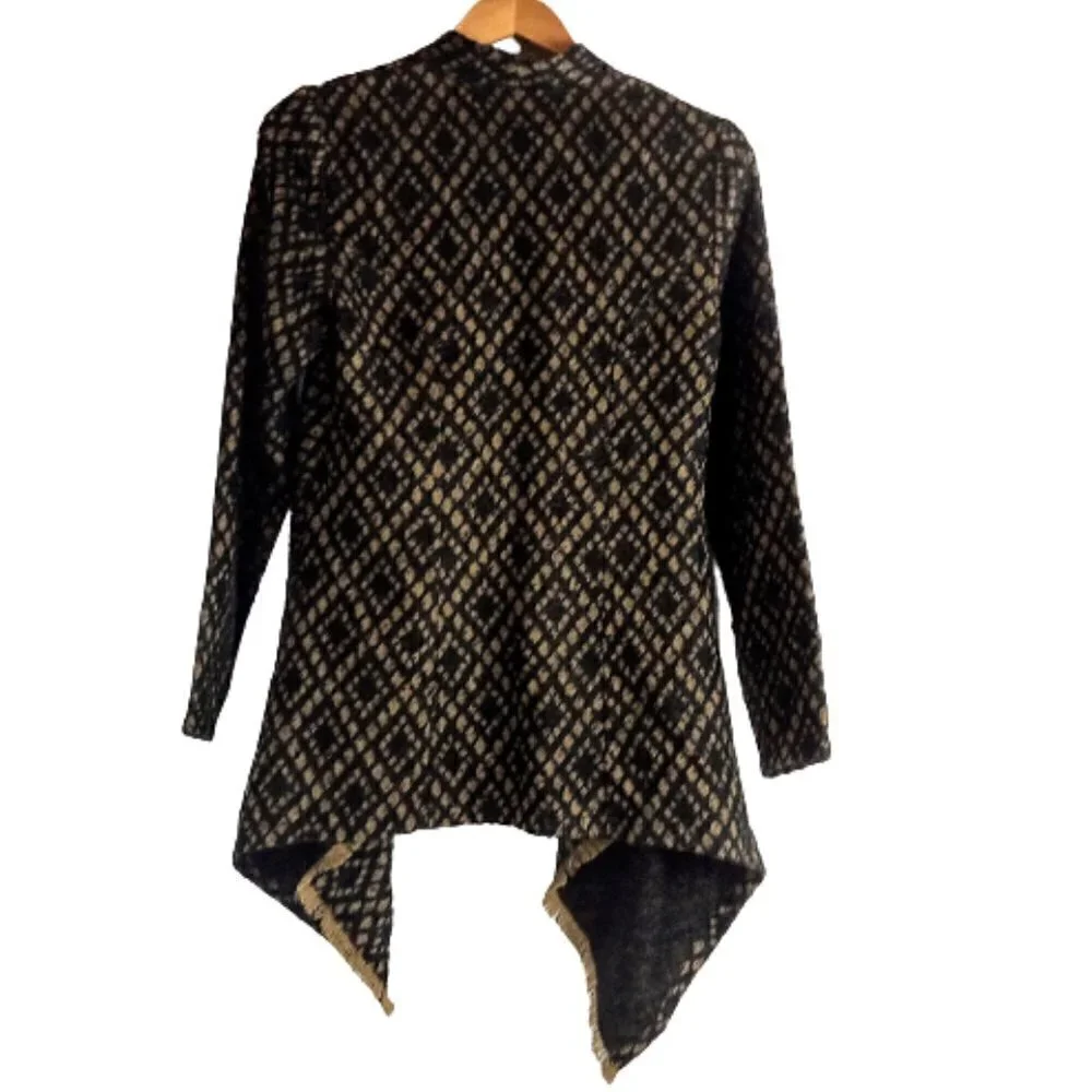 Ruff Hewn Grey Black Tan Diamond Print Fringed Flyaway Cardigan